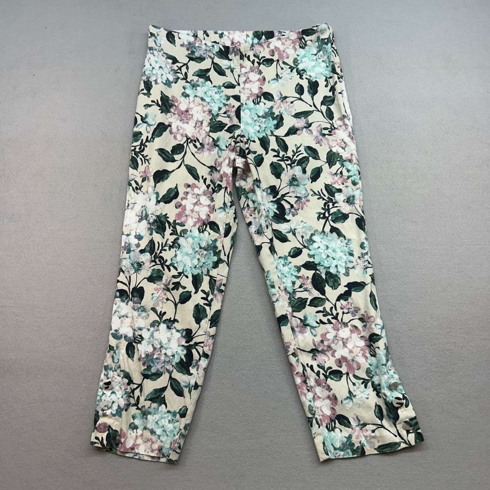 J. Jill Linen Stretch Floral Crop Pants Small Petite Teal Pink Hydrangea 0259